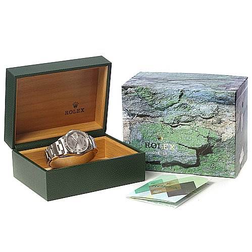 The image shows a Rolex Turn-o-Graph 16264 Men's Stainless Steel Grey Dial 16264 Men's Stainless Steel Grey Dial watch in an open green and wooden box, next to a green textured outer box and booklets.