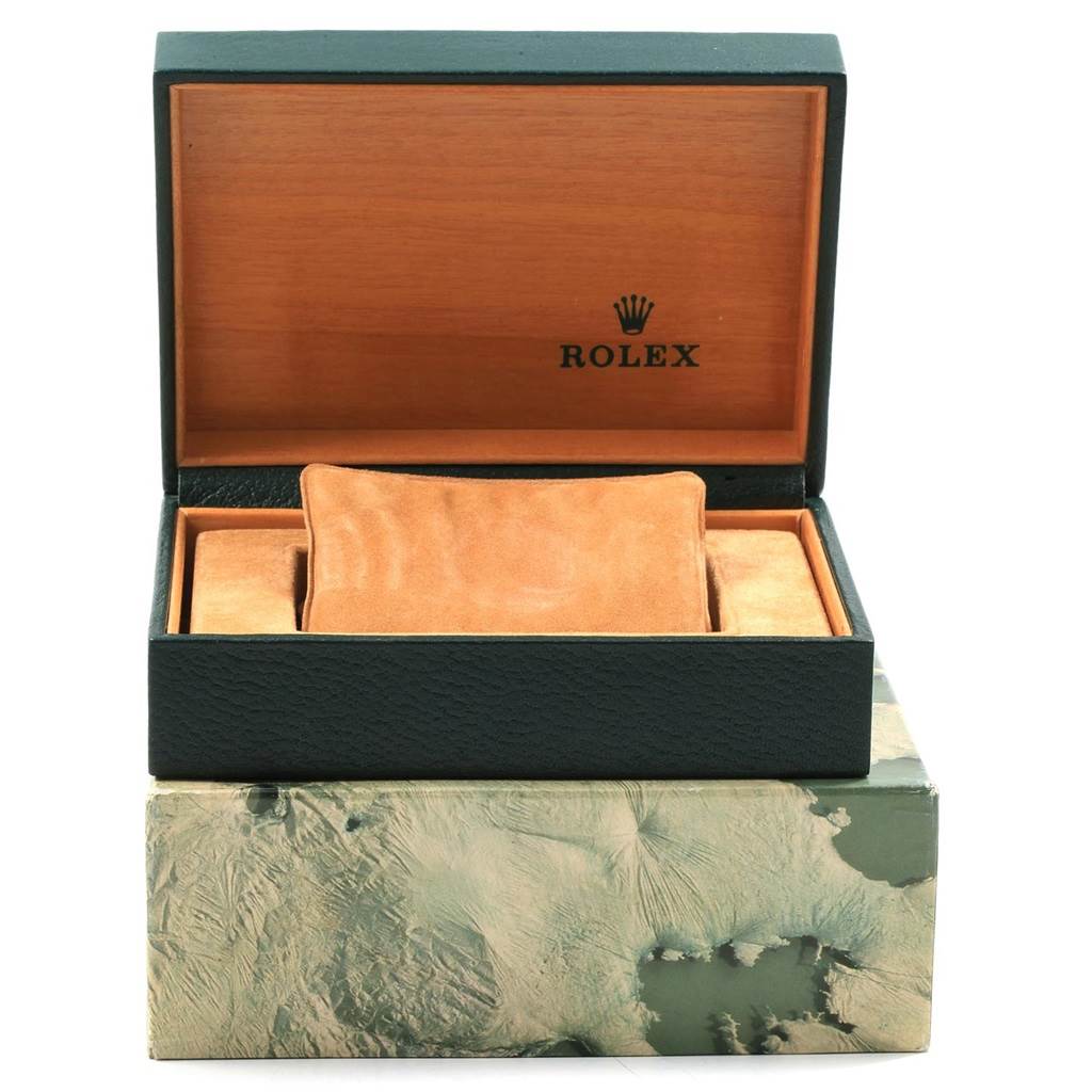 The image shows an open Rolex watch box for the Turn-o-Graph model, featuring the interior cushion and wood lining.