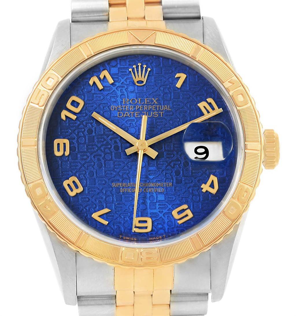 This image shows a full frontal view of the Rolex Turn-o-Graph 16263 Men
s Steel and Gold (two tone) Blue Dial 16263 Men
s Steel and Gold (two tone) Blue Dial watch, highlighting its blue dial and gold bezel.