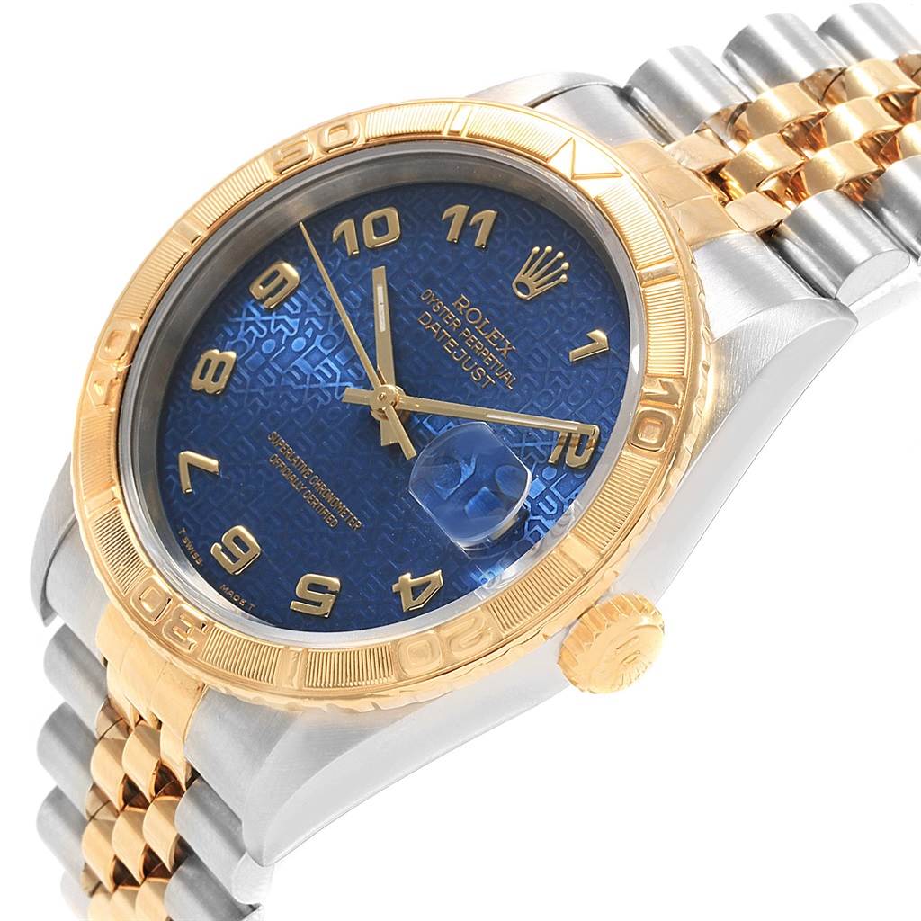 The image shows a Rolex Turn-o-Graph 16263 Men
s Steel and Gold (two tone) Blue Dial 16263 Men
s Steel and Gold (two tone) Blue Dial watch at an angle, highlighting the bezel, crown, dial, and part of the bracelet.