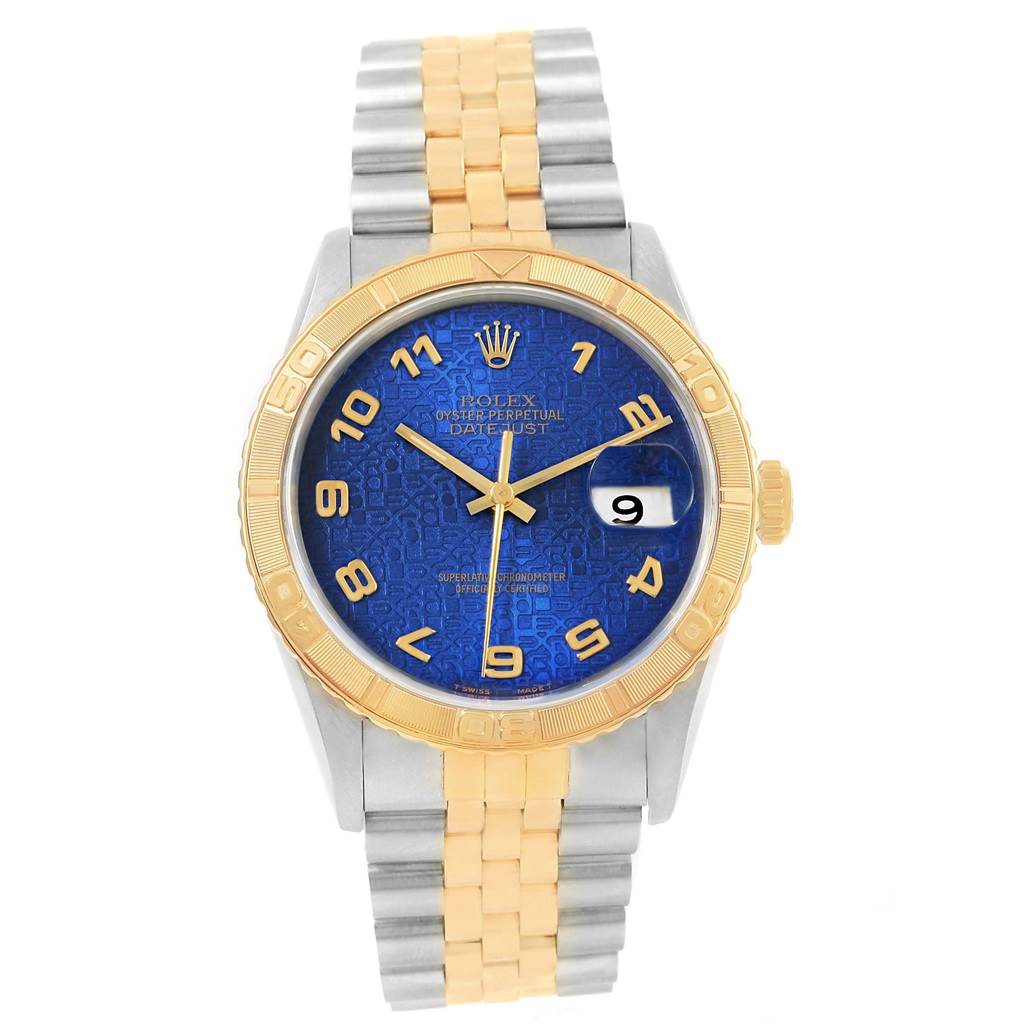 The image shows a frontal view of a Rolex Turn-o-Graph 16263 Men
s Steel and Gold (two tone) Blue Dial 16263 Men
s Steel and Gold (two tone) Blue Dial watch featuring a two-tone bracelet and a blue dial.