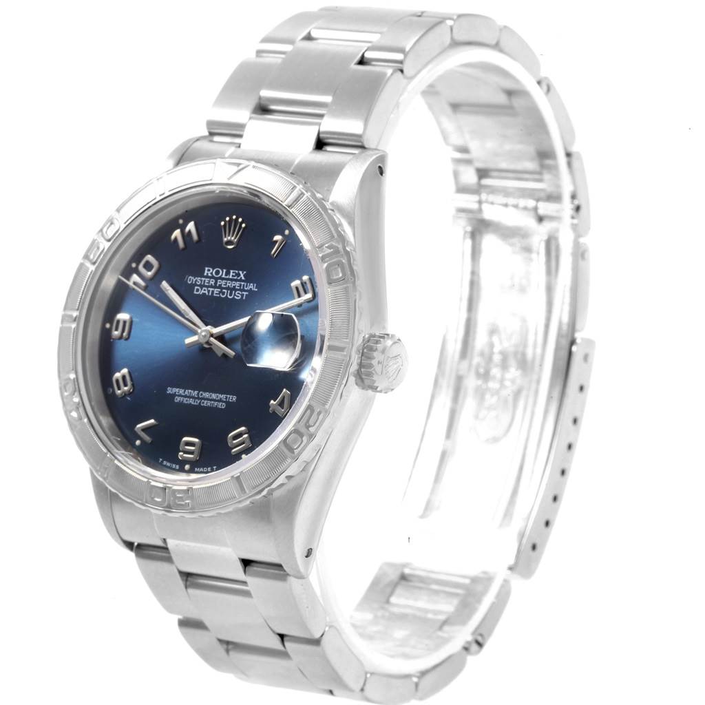 This image shows a Rolex Turn-o-Graph 16264 Men
s Stainless Steel Blue Dial 16264 Men
s Stainless Steel Blue Dial model watch from an angled view, highlighting the watch face, crown, and bracelet.