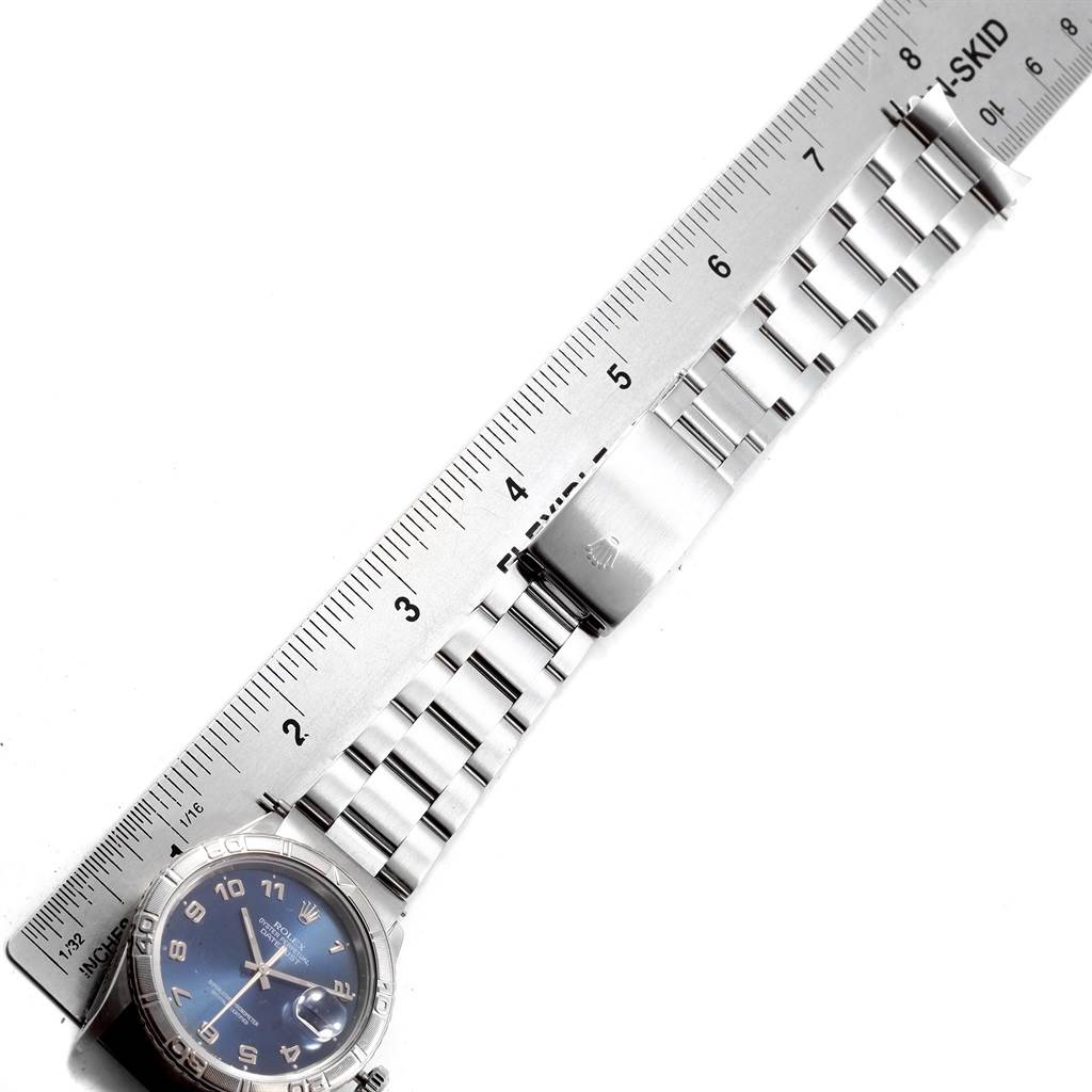 This image shows a Rolex Turn-o-Graph 16264 Men
s Stainless Steel Blue Dial 16264 Men
s Stainless Steel Blue Dial watch from an overhead angle, capturing the face, bezel, and bracelet.