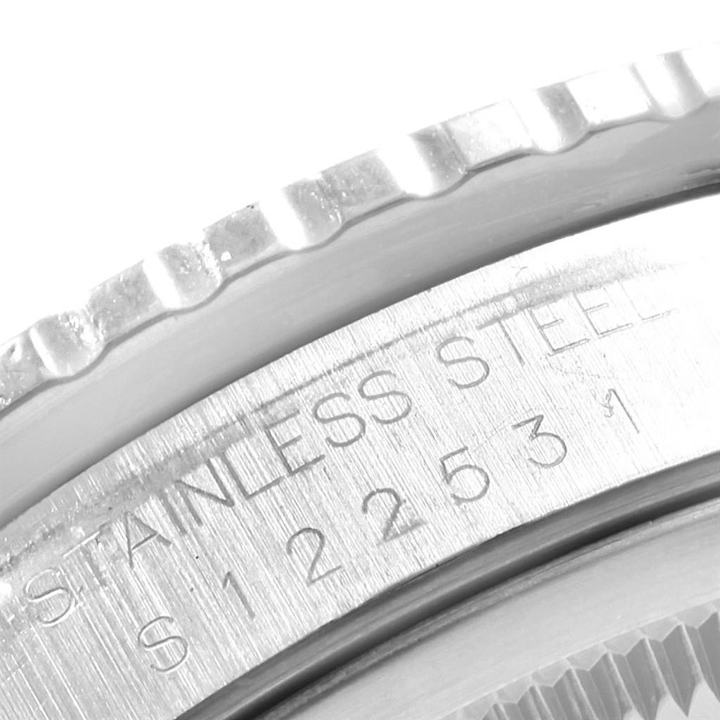 This close-up image shows the stainless steel outer case and bezel of the Rolex Turn-o-Graph 16264 Men
s Stainless Steel Blue Dial 16264 Men
s Stainless Steel Blue Dial watch.