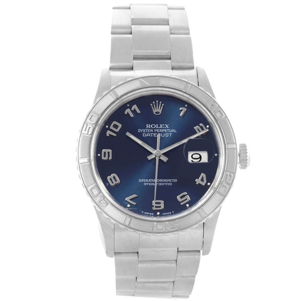 This image shows a frontal view of the Rolex Turn-o-Graph 16264 Men
s Stainless Steel Blue Dial 16264 Men
s Stainless Steel Blue Dial watch, displaying the dial, bezel, bracelet, and date window.