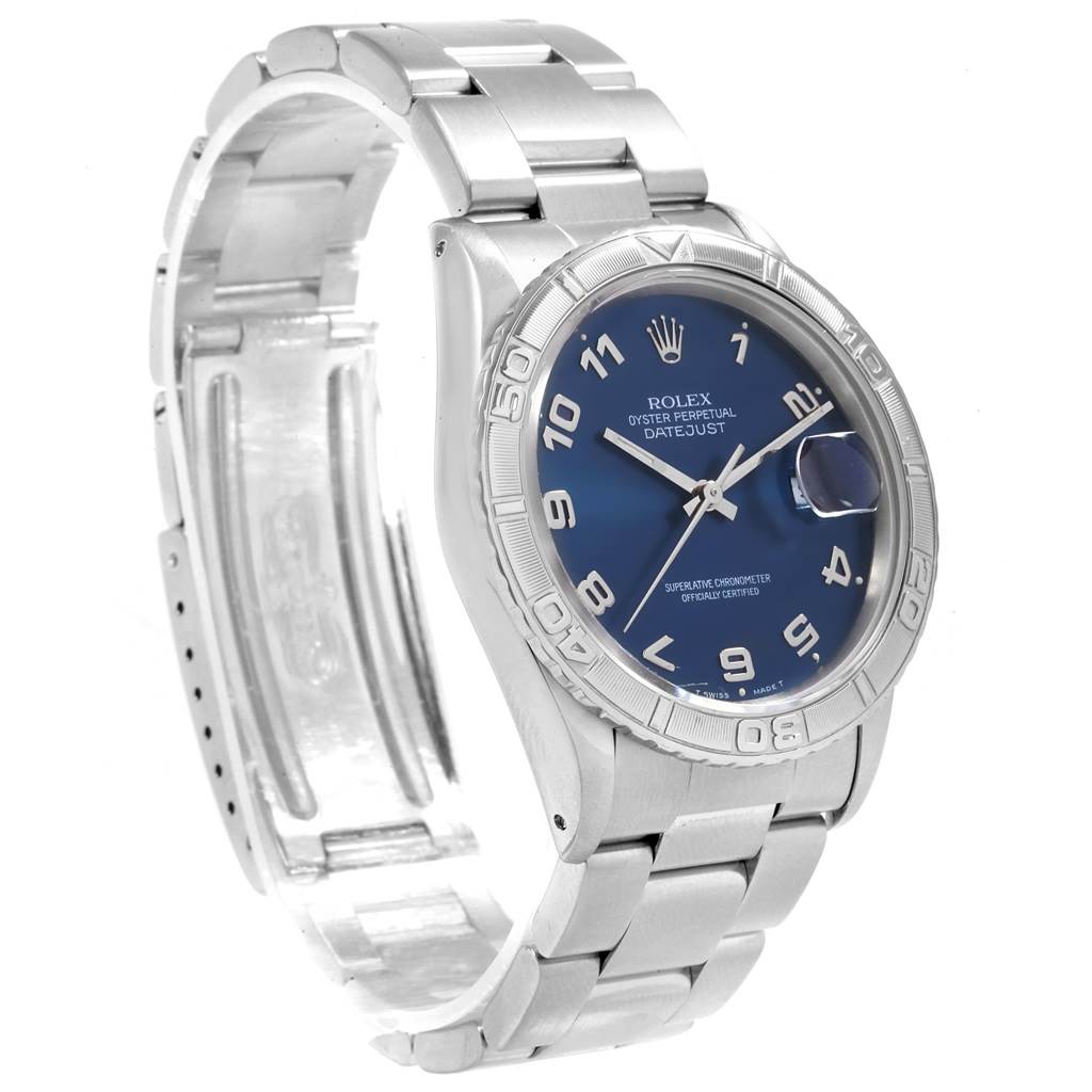 This image showcases a side and front angle of the Rolex Turn-o-Graph 16264 Men
s Stainless Steel Blue Dial 16264 Men
s Stainless Steel Blue Dial watch, highlighting the case, bracelet, and dial.