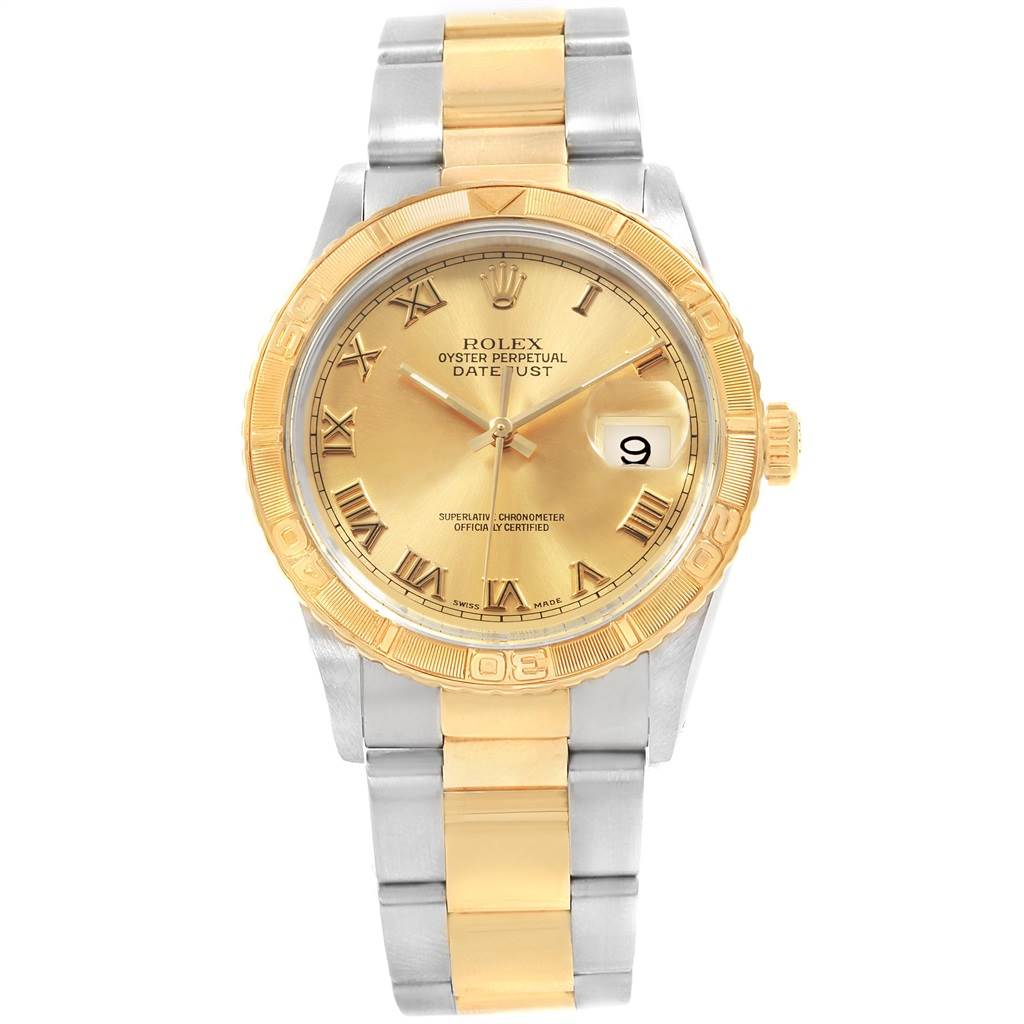 The image shows a front view of a Rolex Turn-o-Graph 16263 Men's Steel and Gold (two tone) Champagne Dial 16263 Men's Steel and Gold (two tone) Champagne Dial watch, displaying its gold and silver bracelet and round dial.