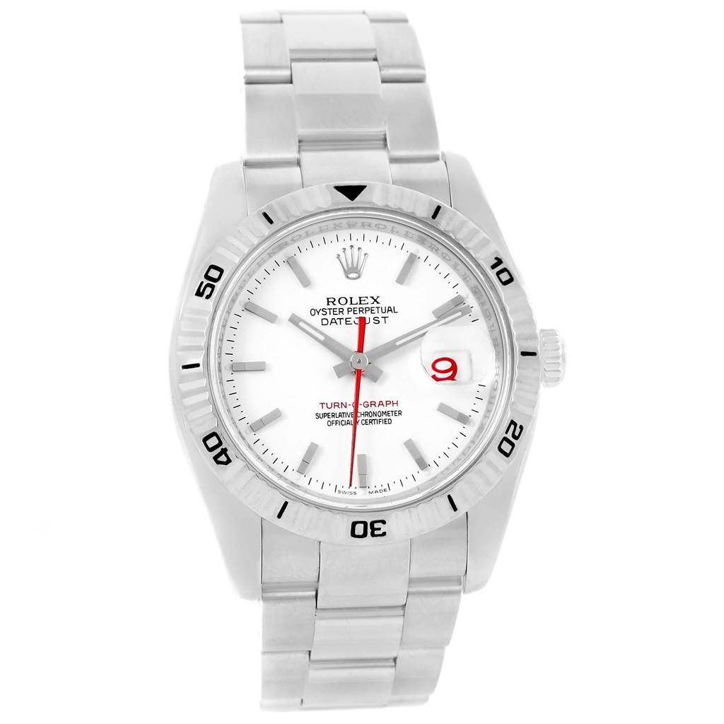 This image shows a frontal view of the Rolex Turn-o-Graph 116264 Men's Stainless Steel White Dial 116264 Men's Stainless Steel White Dial watch, featuring its face, bezel, crown, and bracelet.