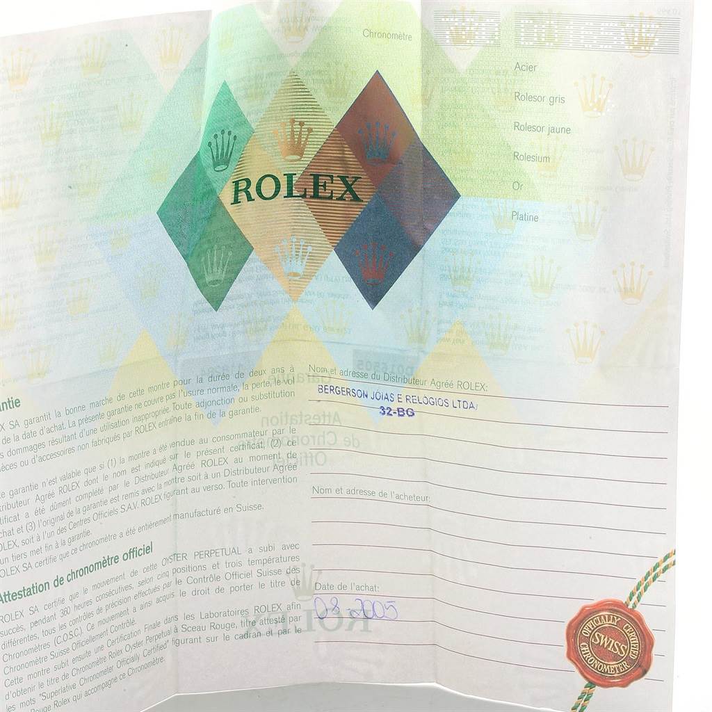 This image shows the warranty certificate for a Rolex Turn-o-Graph 116264 Men's Stainless Steel White Dial 116264 Men's Stainless Steel White Dial watch, detailing its authenticity and purchase information.