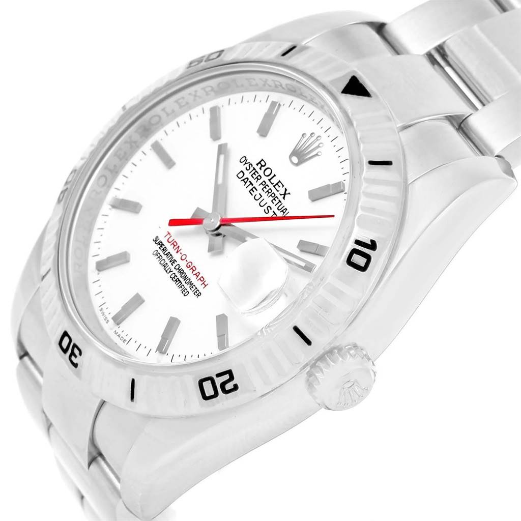 The image shows the Rolex Turn-o-Graph 116264 Men's Stainless Steel White Dial 116264 Men's Stainless Steel White Dial watch at an angle highlighting the face, bezel, crown, and part of the bracelet.
