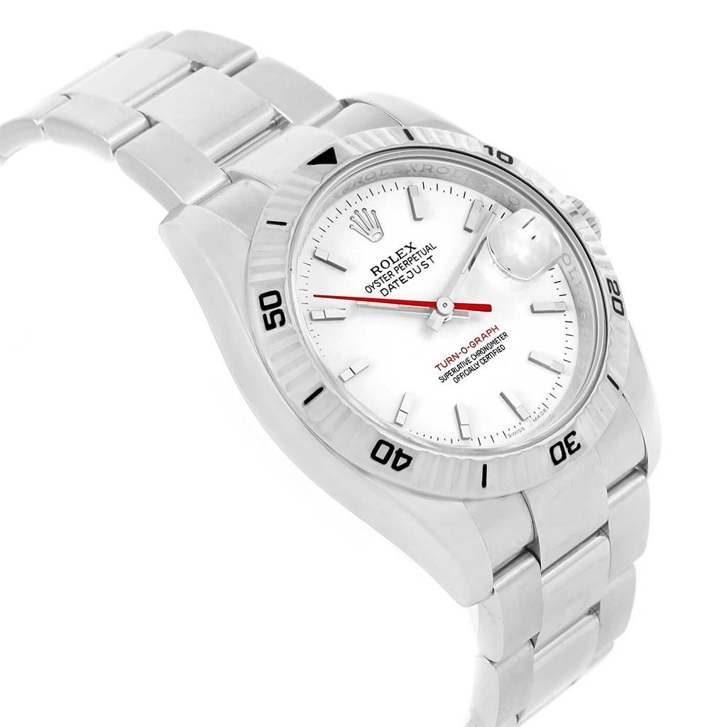 This Rolex Turn-o-Graph 116264 Men's Stainless Steel White Dial 116264 Men's Stainless Steel White Dial watch is shown at an angled view, highlighting the dial, bezel, bracelet, and crown.