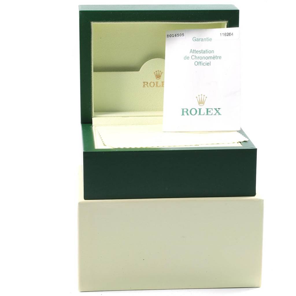 The image shows the box and warranty certificate for a Rolex Turn-o-Graph 116264 Men's Stainless Steel White Dial 116264 Men's Stainless Steel White Dial watch, viewed from the front.
