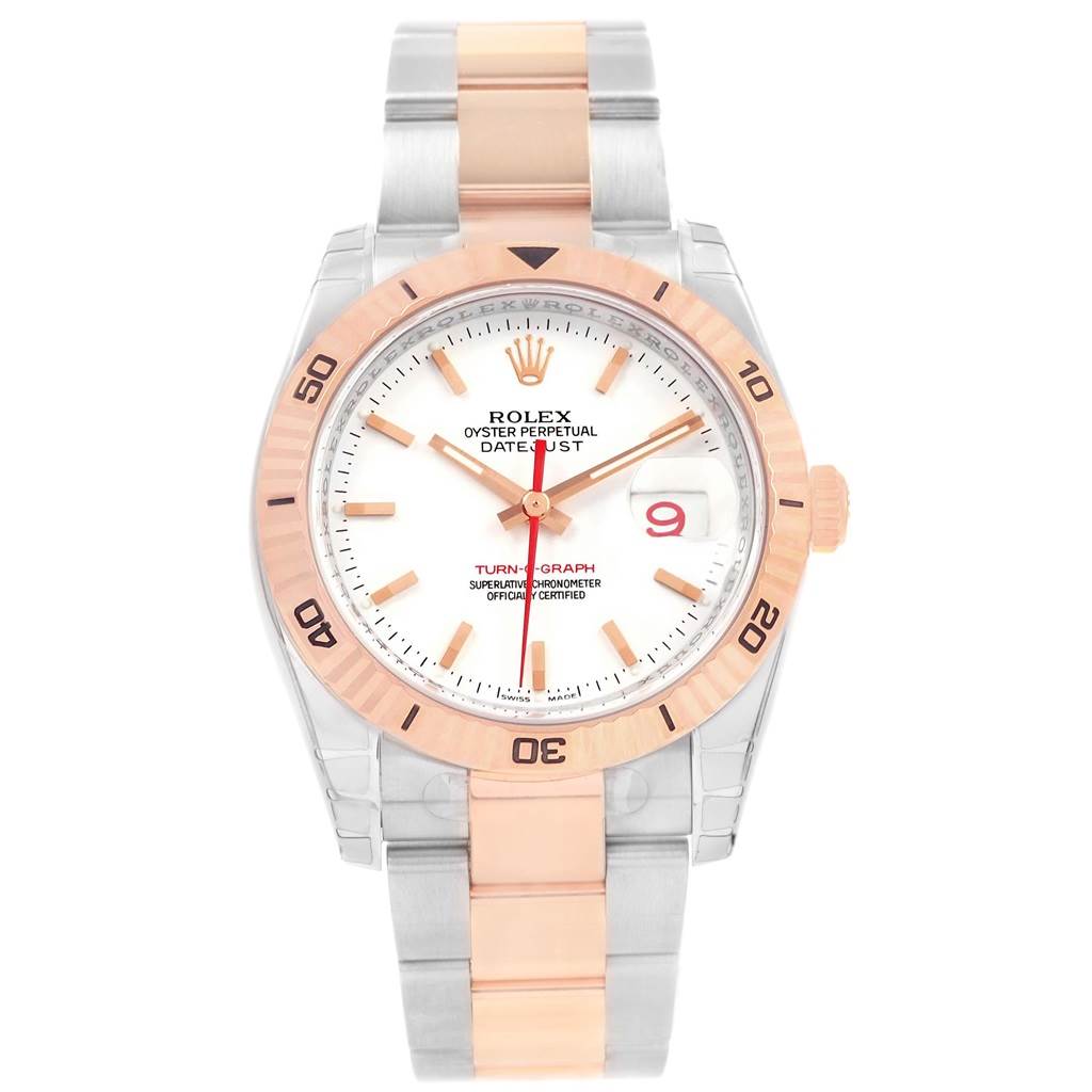The image shows a front view of a Rolex Turn-o-Graph 116261 Men's Stainless Steel White Dial 116261 Men's Stainless Steel White Dial watch, featuring a two-tone metal bracelet and a white dial with a red date indicator.