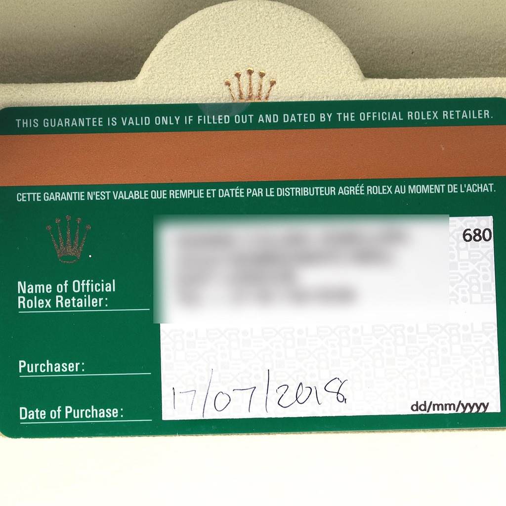 The image shows a filled-out warranty card for a Rolex Turn-o-Graph 116261 Men's Stainless Steel White Dial 116261 Men's Stainless Steel White Dial, with purchase details and retailer information.