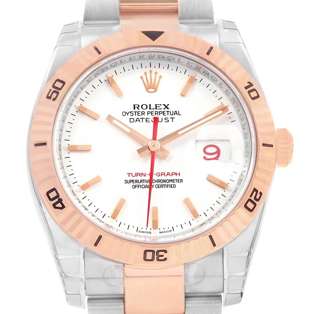 The image shows a straight-on view of a Rolex Turn-o-Graph 116261 Men's Stainless Steel White Dial 116261 Men's Stainless Steel White Dial watch, highlighting its dial, bezel, crown, and part of the bracelet.