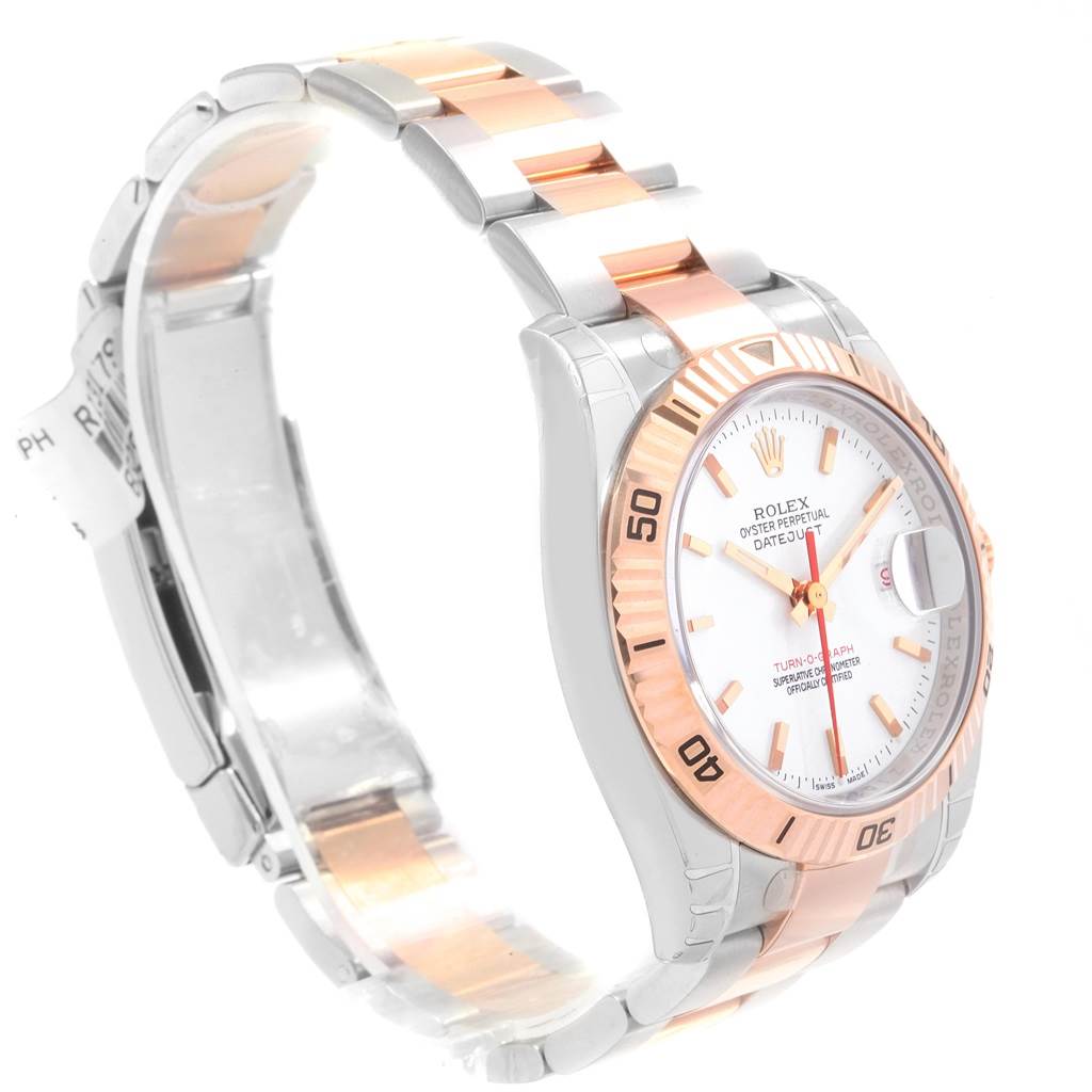 The image shows a Rolex Turn-o-Graph 116261 Men's Stainless Steel White Dial 116261 Men's Stainless Steel White Dial watch at an angled side view, highlighting its two-tone bracelet, bezel, and dial.