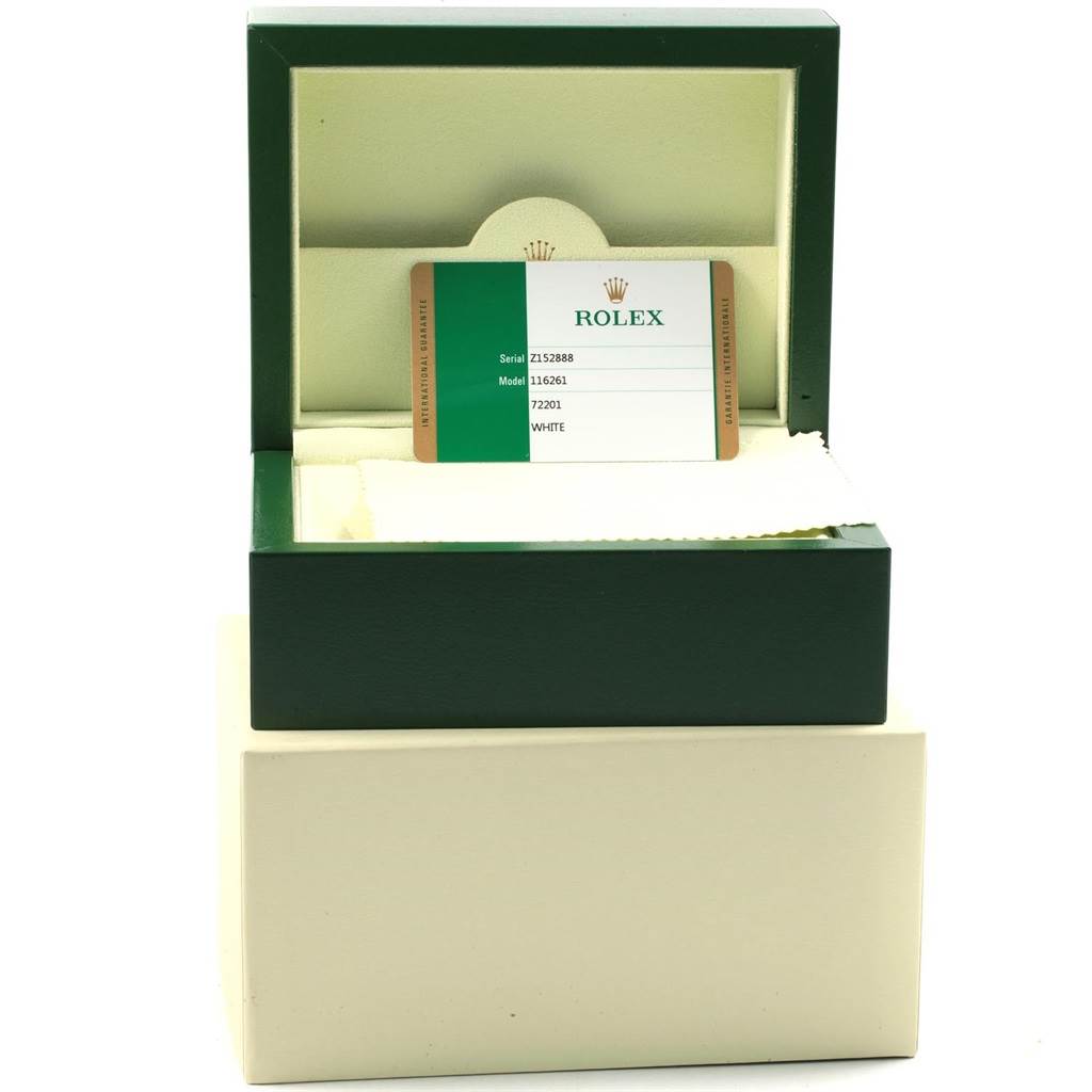 The image shows a Rolex Turn-o-Graph 116261 Men's Stainless Steel White Dial 116261 Men's Stainless Steel White Dial model box with a warranty card inside, viewed from the front.