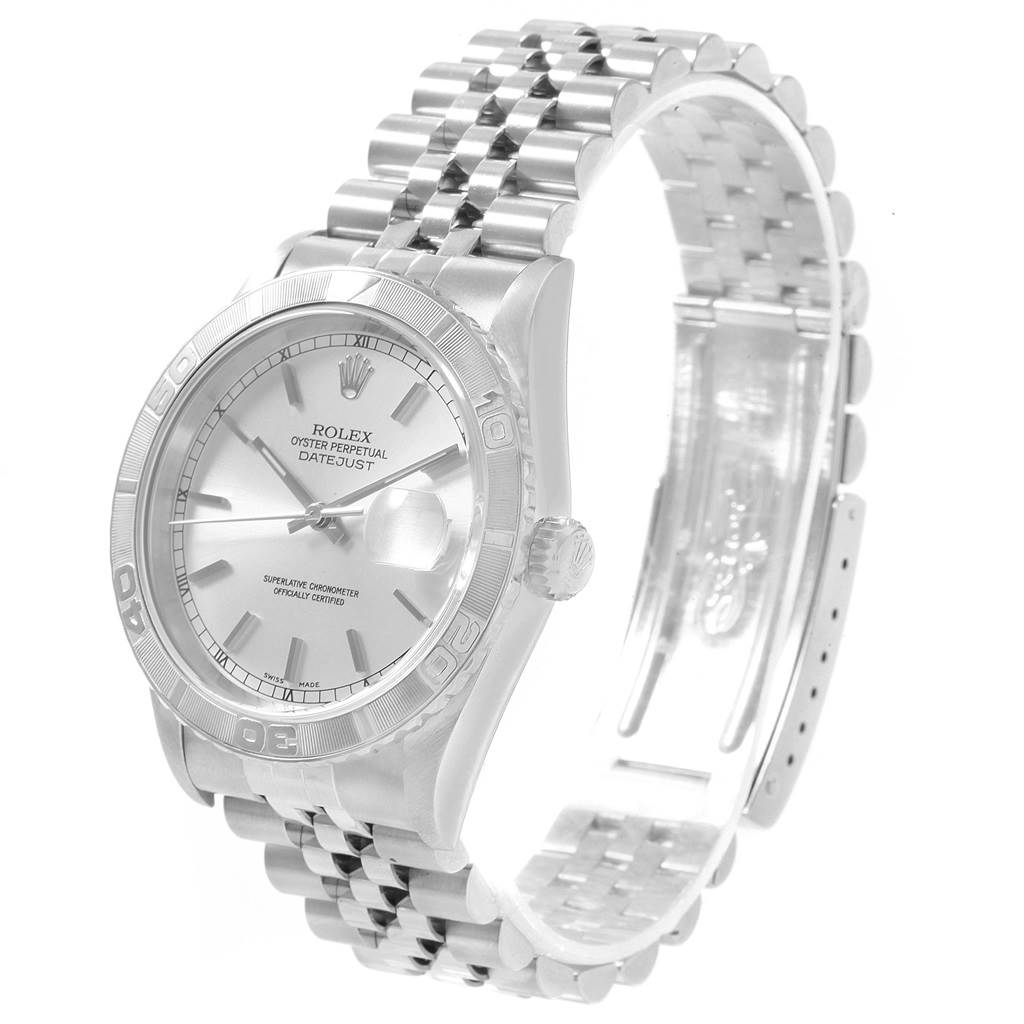The image shows a Rolex Turn-o-Graph 16264 Men's Stainless Steel Silver Dial 16264 Men's Stainless Steel Silver Dial model watch in a side angle, highlighting the face, bezel, crown, and bracelet.