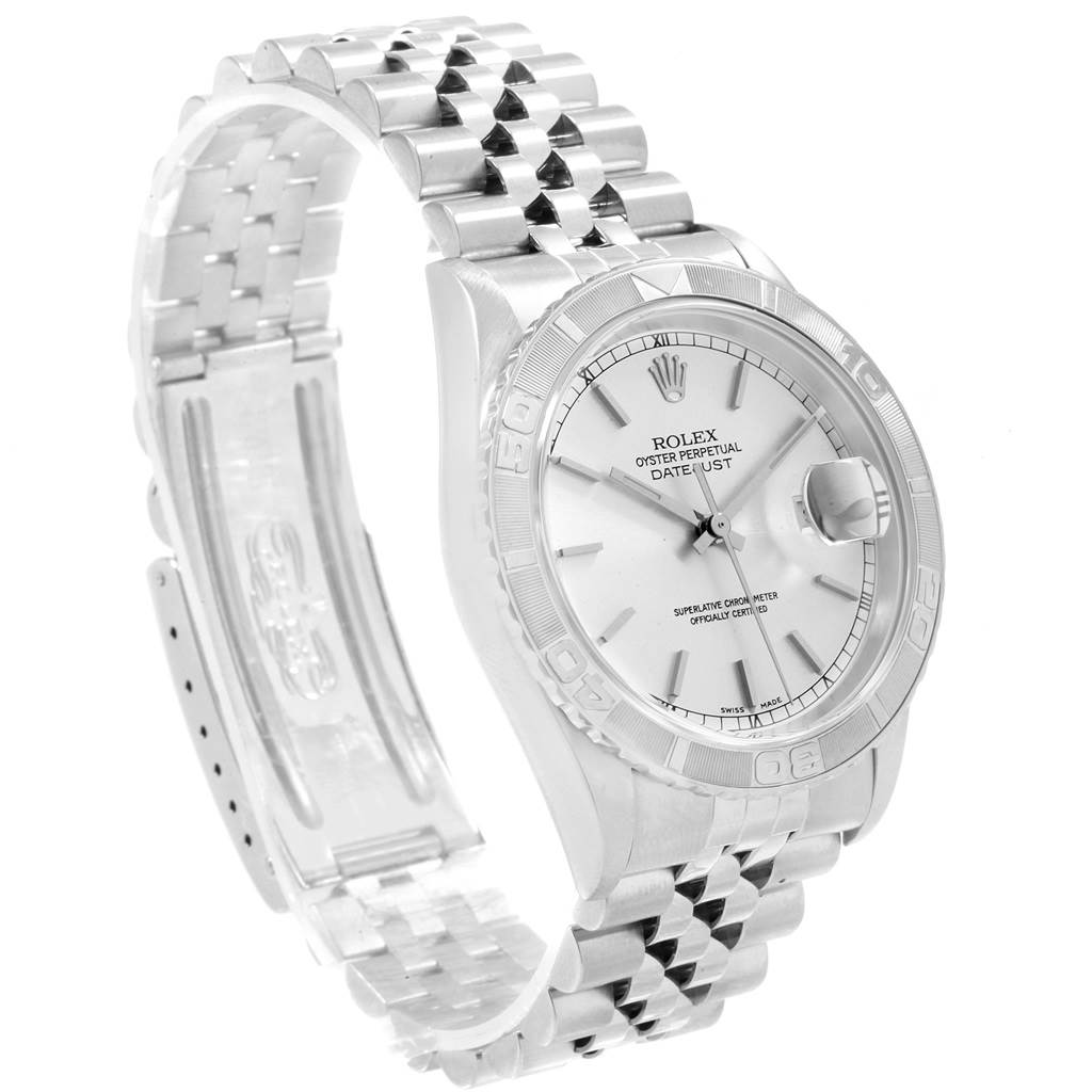 This image shows a Rolex Turn-o-Graph 16264 Men's Stainless Steel Silver Dial 16264 Men's Stainless Steel Silver Dial watch at a three-quarter angle, highlighting its dial, bezel, bracelet, and clasp.