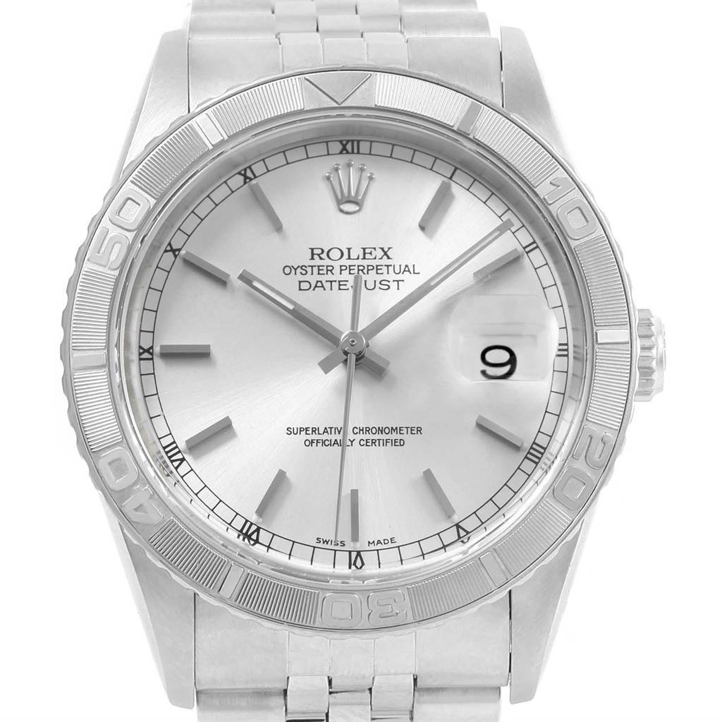The image shows a front view of the Rolex Turn-o-Graph 16264 Men's Stainless Steel Silver Dial 16264 Men's Stainless Steel Silver Dial watch, highlighting the dial, bezel, bracelet, and date feature.