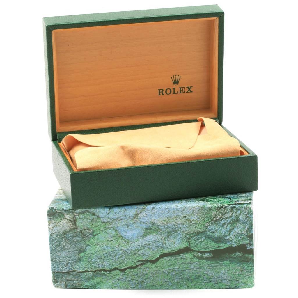 This image shows the green and wooden box of a Rolex Turn-o-Graph 16264 Men's Stainless Steel Silver Dial 16264 Men's Stainless Steel Silver Dial model, with a cloth inside and the lid open.