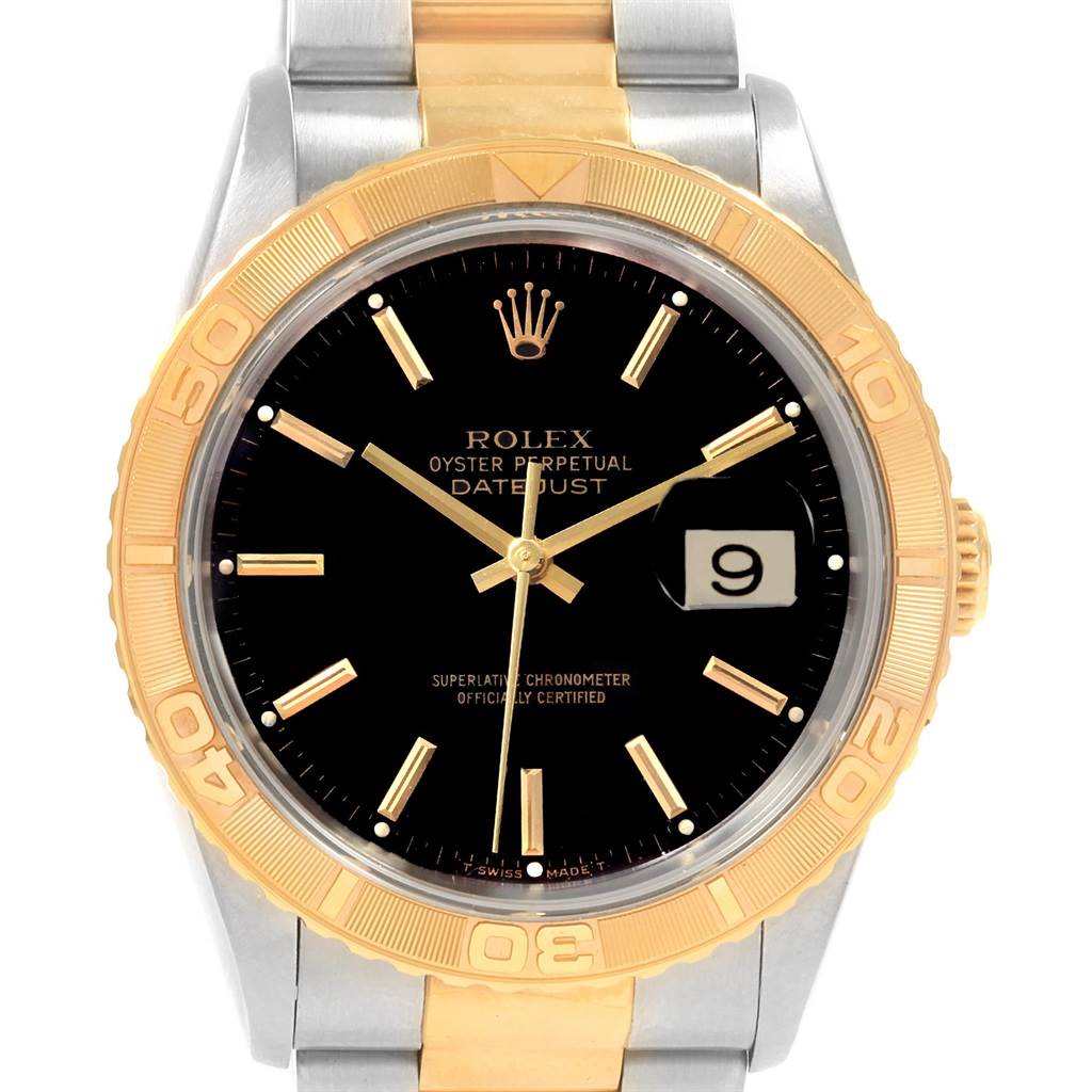 This image shows a Rolex Turn-o-Graph 16263 Men's Steel and Gold (two tone) Black Dial 16263 Men's Steel and Gold (two tone) Black Dial watch from a straight-on angle, displaying the entire watch face and part of the bracelet.