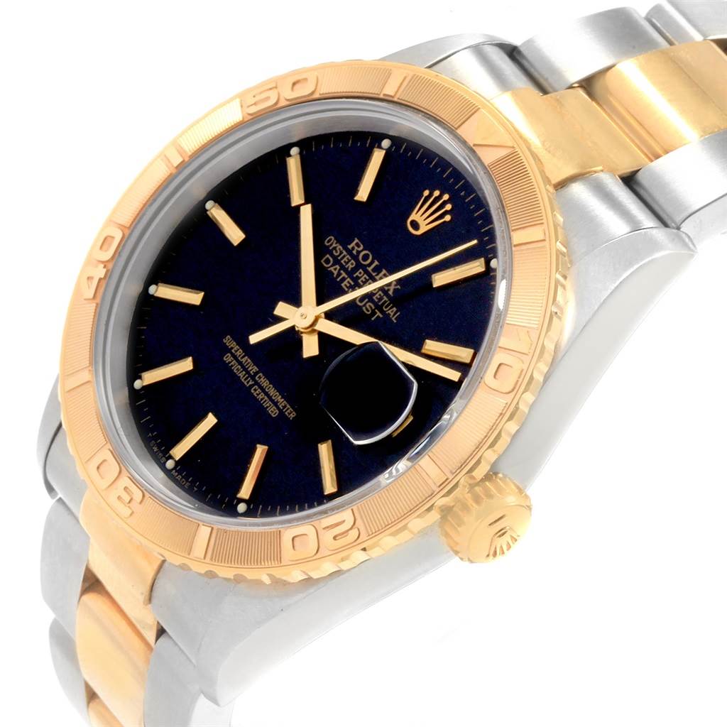 The image shows a Rolex Turn-o-Graph 16263 Men's Steel and Gold (two tone) Black Dial 16263 Men's Steel and Gold (two tone) Black Dial watch angled from the right, highlighting the face, bezel, crown, and part of the bracelet.