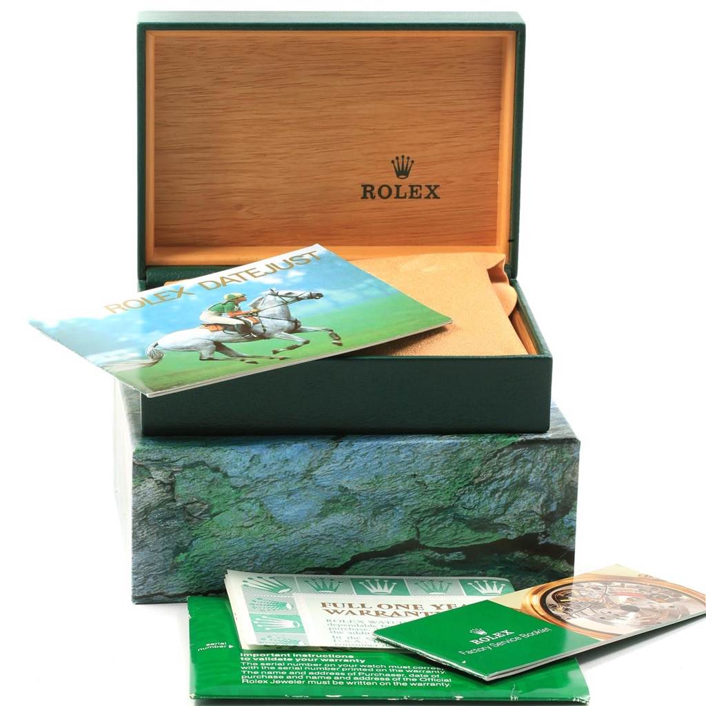 The image shows an open box for the Rolex Turn-o-Graph 16263 Men's Steel and Gold (two tone) Black Dial 16263 Men's Steel and Gold (two tone) Black Dial watch along with its manuals and warranty cards.