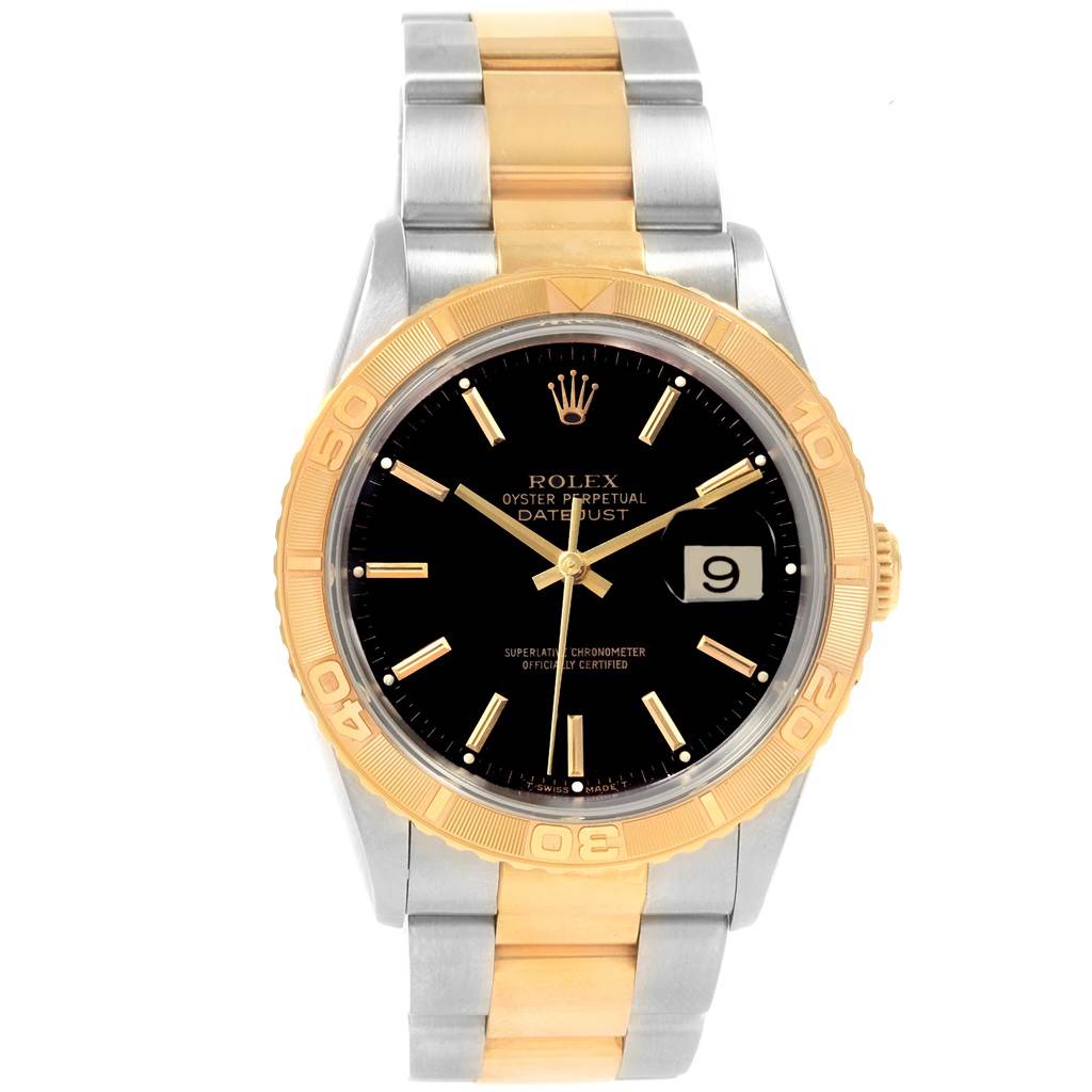 The Rolex Turn-o-Graph 16263 Men's Steel and Gold (two tone) Black Dial 16263 Men's Steel and Gold (two tone) Black Dial watch is shown from a front angle, displaying the dial, bezel, and bracelet.