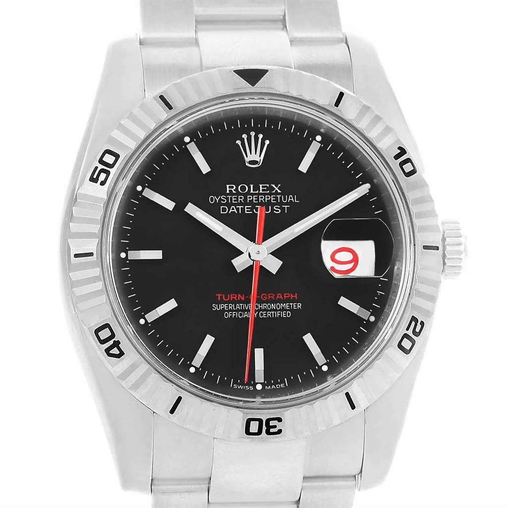 The Rolex Turn-o-Graph 116264 Men
s Stainless Steel Black Dial 116264 Men
s Stainless Steel Black Dial watch is shown from a front angle, displaying its dial, bezel, hands, bracelet, and crown.