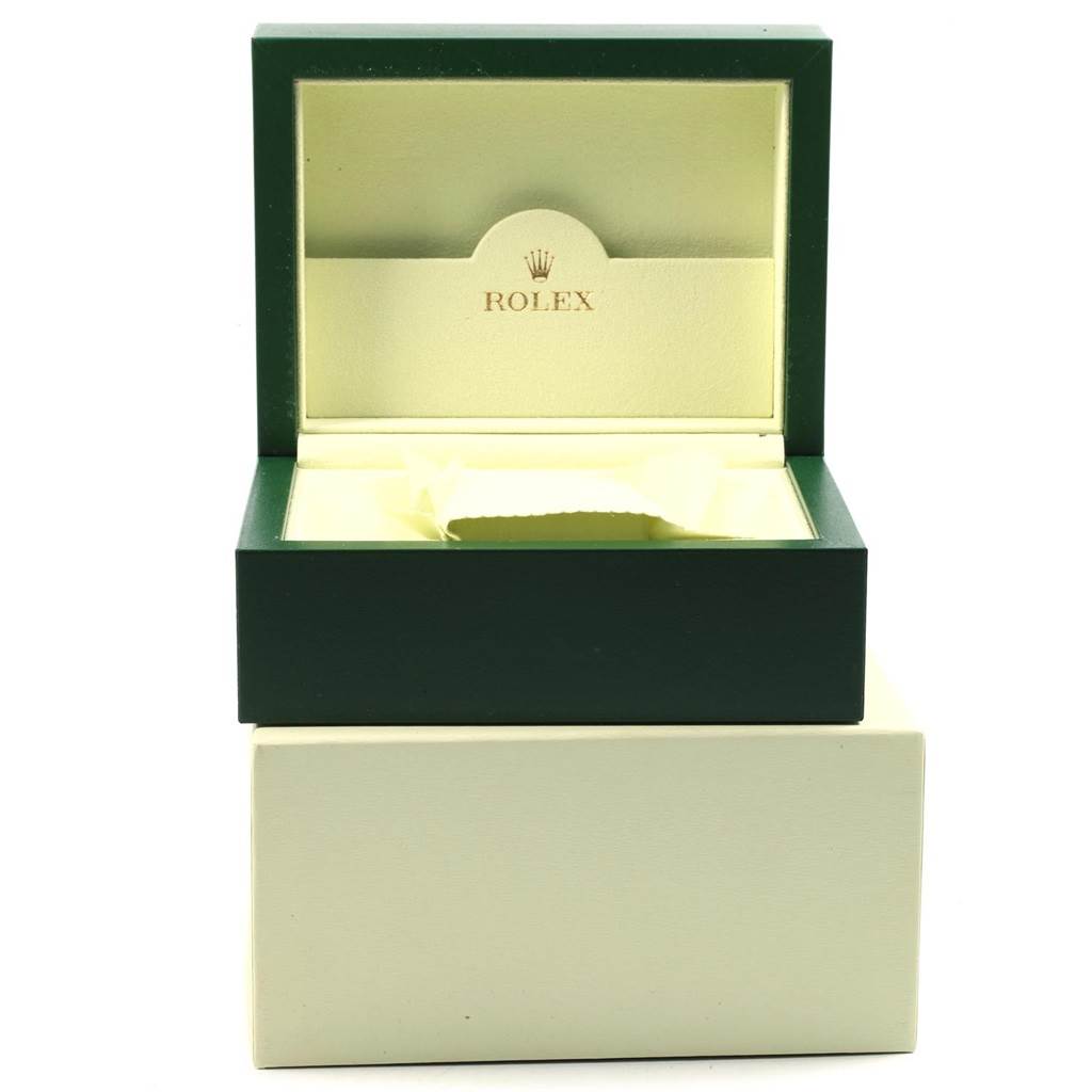 The image shows an open Rolex Turn-o-Graph 116264 Men
s Stainless Steel Black Dial 116264 Men
s Stainless Steel Black Dial watch box positioned at eye level, displaying both the inside and outside.