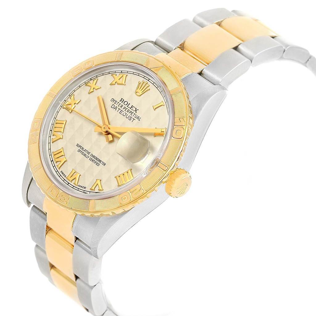 The image shows a Rolex Turn-o-Graph 16263 Men
s Steel and Gold (two tone) Beige Dial 16263 Men
s Steel and Gold (two tone) Beige Dial watch at an angled view, highlighting the bezel, dial, and bracelet.