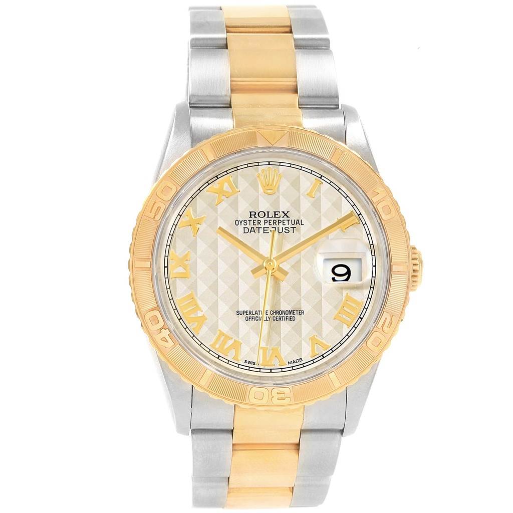 This image shows a Rolex Turn-o-Graph 16263 Men
s Steel and Gold (two tone) Beige Dial 16263 Men
s Steel and Gold (two tone) Beige Dial watch from a frontal angle, highlighting its dial, bezel, and two-tone bracelet.