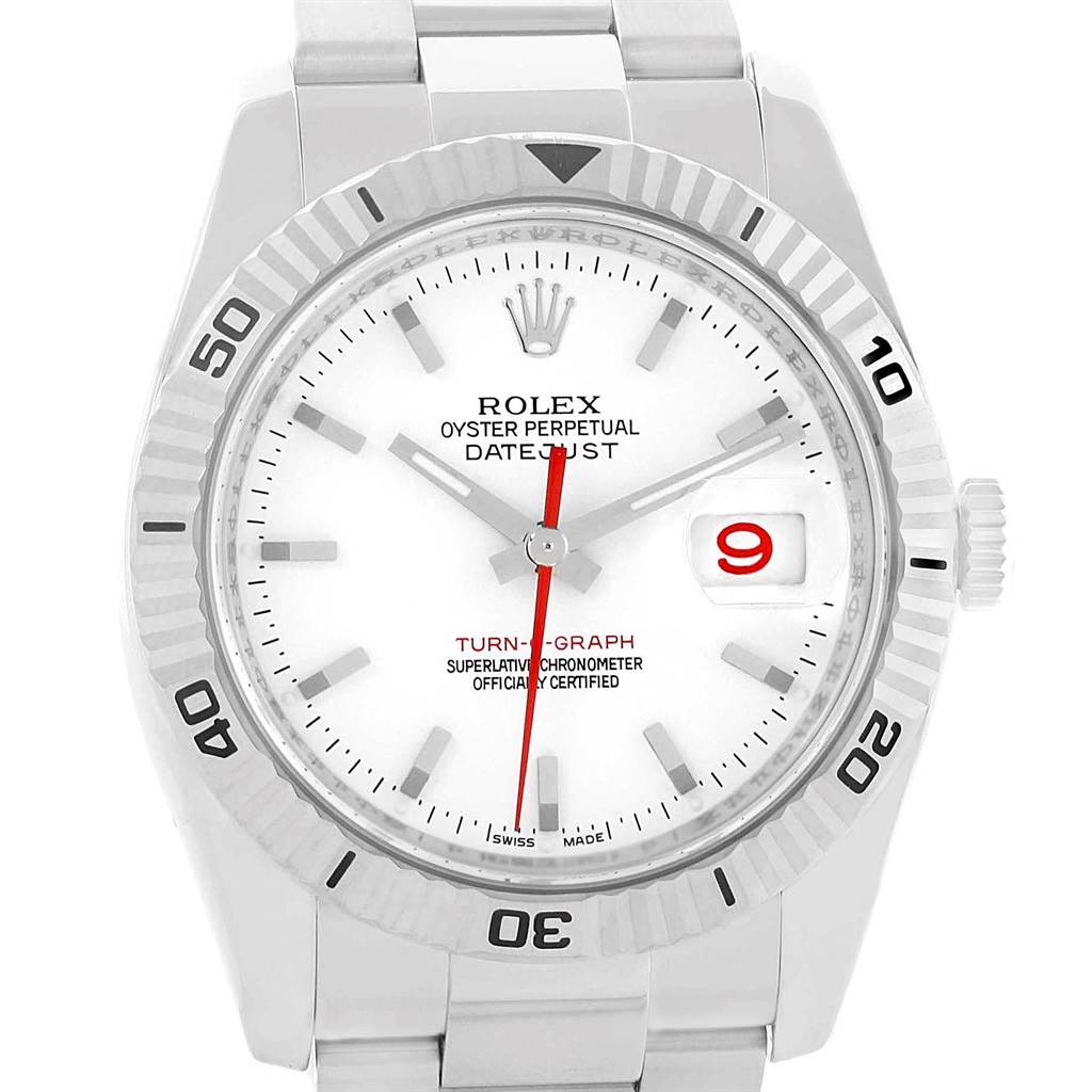 This image shows a front view of the Rolex Turn-o-Graph 116264 Men
s Stainless Steel White Dial 116264 Men
s Stainless Steel White Dial watch, displaying its bezel, dial, and bracelet.
