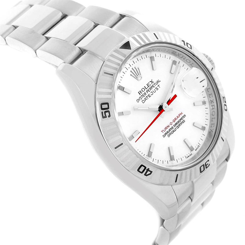 The image shows a side view of the Rolex Turn-o-Graph watch, featuring its white dial, rotating bezel, and stainless steel bracelet.