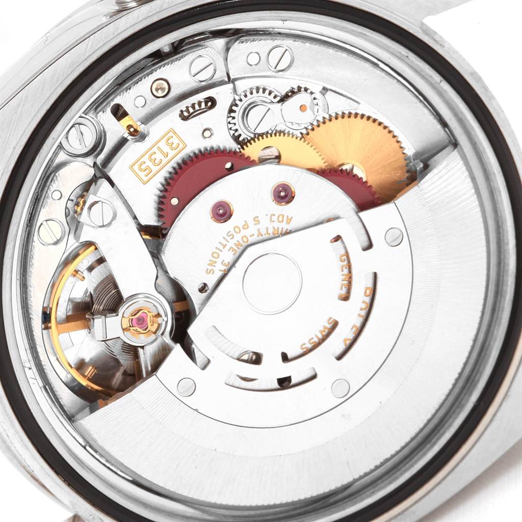 This image shows an open case back view of the Rolex Turn-o-Graph 116264 Men
s Stainless Steel White Dial 116264 Men
s Stainless Steel White Dial model, revealing its intricate internal mechanical movements and gears.