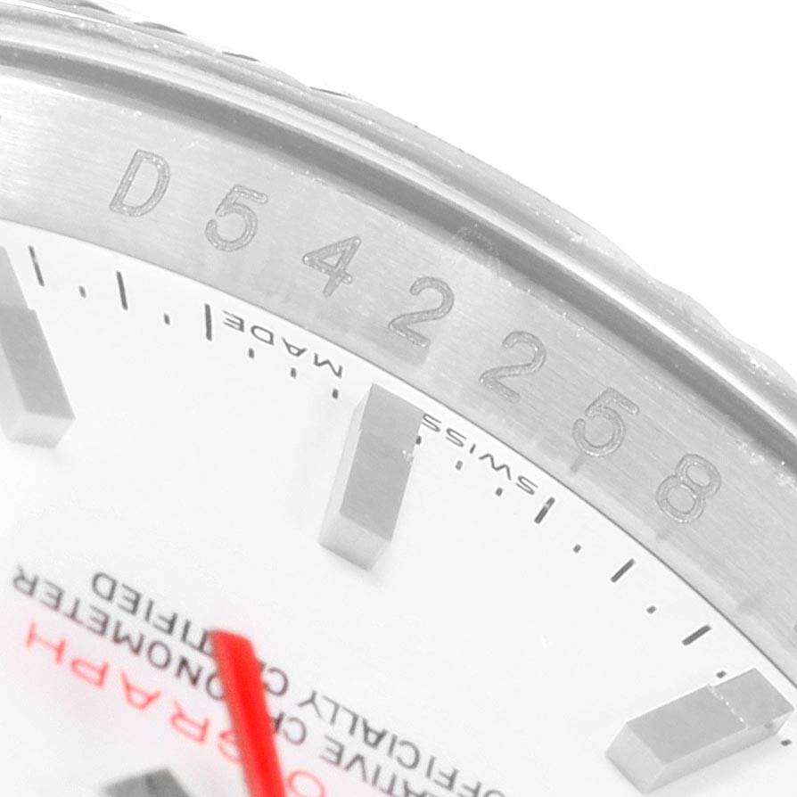 The image shows a close-up of the Rolex Turn-o-Graph 116264 Men
s Stainless Steel White Dial 116264 Men
s Stainless Steel White Dial watch dial and bezel, highlighting the serial number and part of the face.