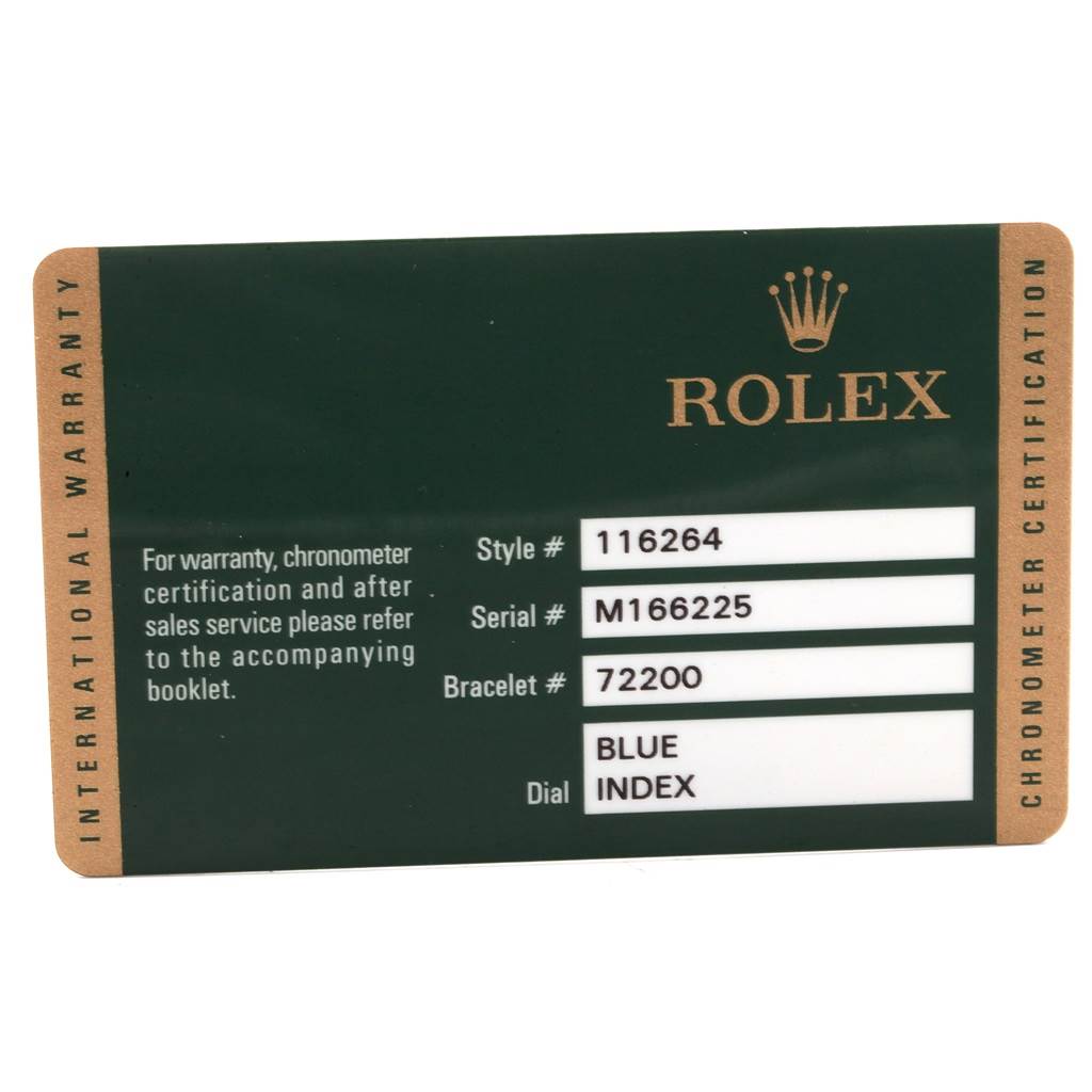 The image shows the warranty card for a Rolex Turn-o-Graph 116264 Men's Stainless Steel Blue Dial 116264 Men's Stainless Steel Blue Dial watch displaying details like style, serial, and bracelet numbers.