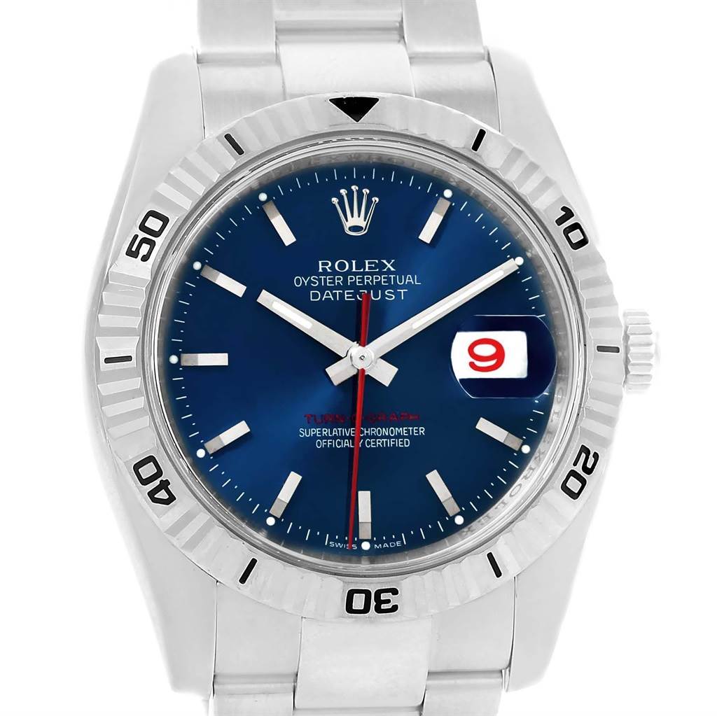 The image displays the front view of a Rolex Turn-o-Graph 116264 Men's Stainless Steel Blue Dial 116264 Men's Stainless Steel Blue Dial watch, showing the blue dial, date window, and bezel.