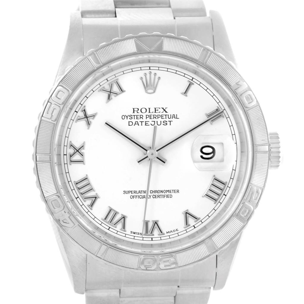 The image shows a front view of a Rolex Turn-o-Graph 16264 Men
s Stainless Steel White Dial 16264 Men
s Stainless Steel White Dial Datejust watch, displaying the dial, bezel, and part of the bracelet.