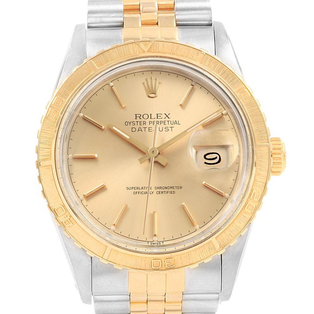 This image shows a front view of a Rolex Turn-o-Graph 16253 Men
s Steel and Gold (two tone) Champagne Dial 16253 Men
s Steel and Gold (two tone) Champagne Dial watch displaying its dial, bezel, crown, and bracelet.
