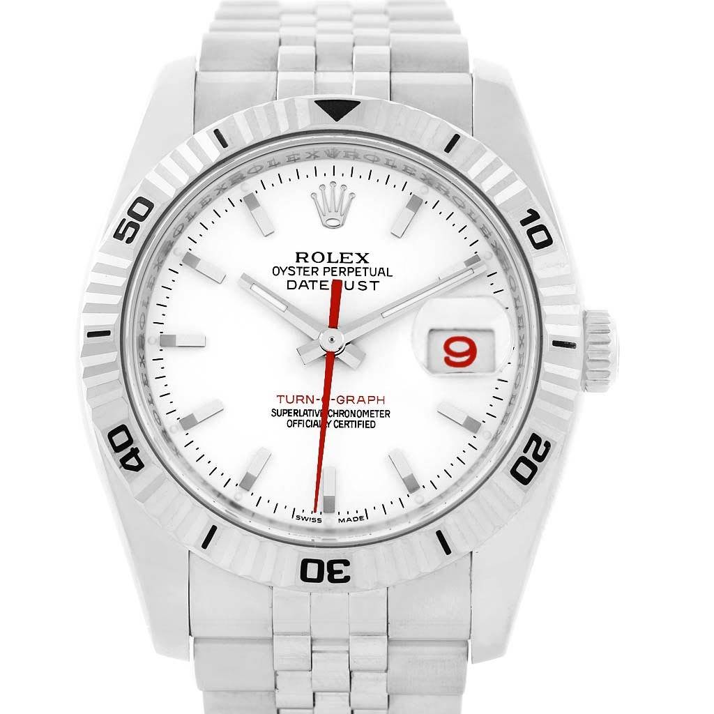 This image shows a front view of the Rolex Turn-o-Graph 116264 Men
s Stainless Steel White Dial 116264 Men
s Stainless Steel White Dial watch, highlighting its face, bezel, and bracelet.