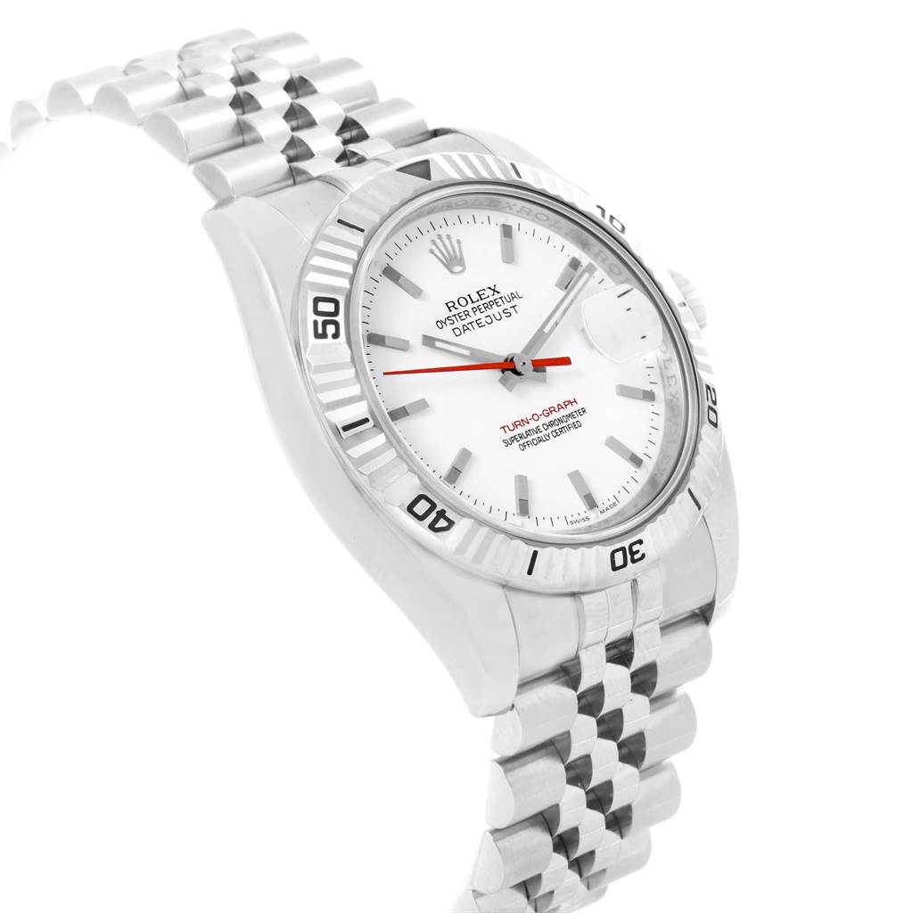 The image shows a side angle of the Rolex Turn-o-Graph 116264 Men
s Stainless Steel White Dial 116264 Men
s Stainless Steel White Dial watch, highlighting its dial, bezel, and bracelet.