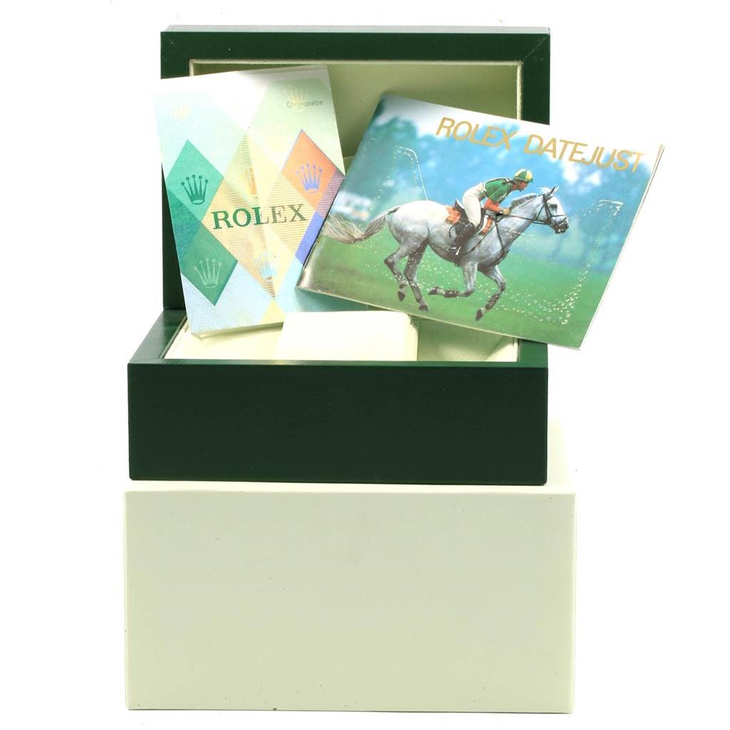 The image shows a Rolex Turn-o-Graph 116263 Men's Steel and Gold (two tone) Grey Dial 116263 Men's Steel and Gold (two tone) Grey Dial watch box, open with booklets inside, highlighting the Datejust model.