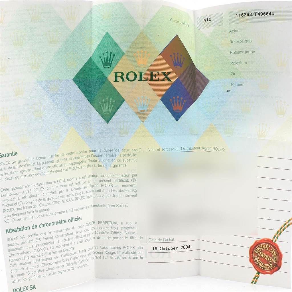 This is a service booklet for the Rolex Turn-o-Graph 116263 Men's Steel and Gold (two tone) Grey Dial 116263 Men's Steel and Gold (two tone) Grey Dial model, showing warranty details, purchase date, and official certification.