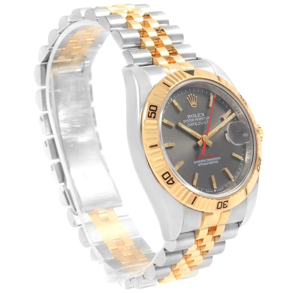 The image shows a side view of the Rolex Turn-o-Graph 116263 Men's Steel and Gold (two tone) Grey Dial 116263 Men's Steel and Gold (two tone) Grey Dial watch, highlighting its two-tone bracelet, bezel, and dial.