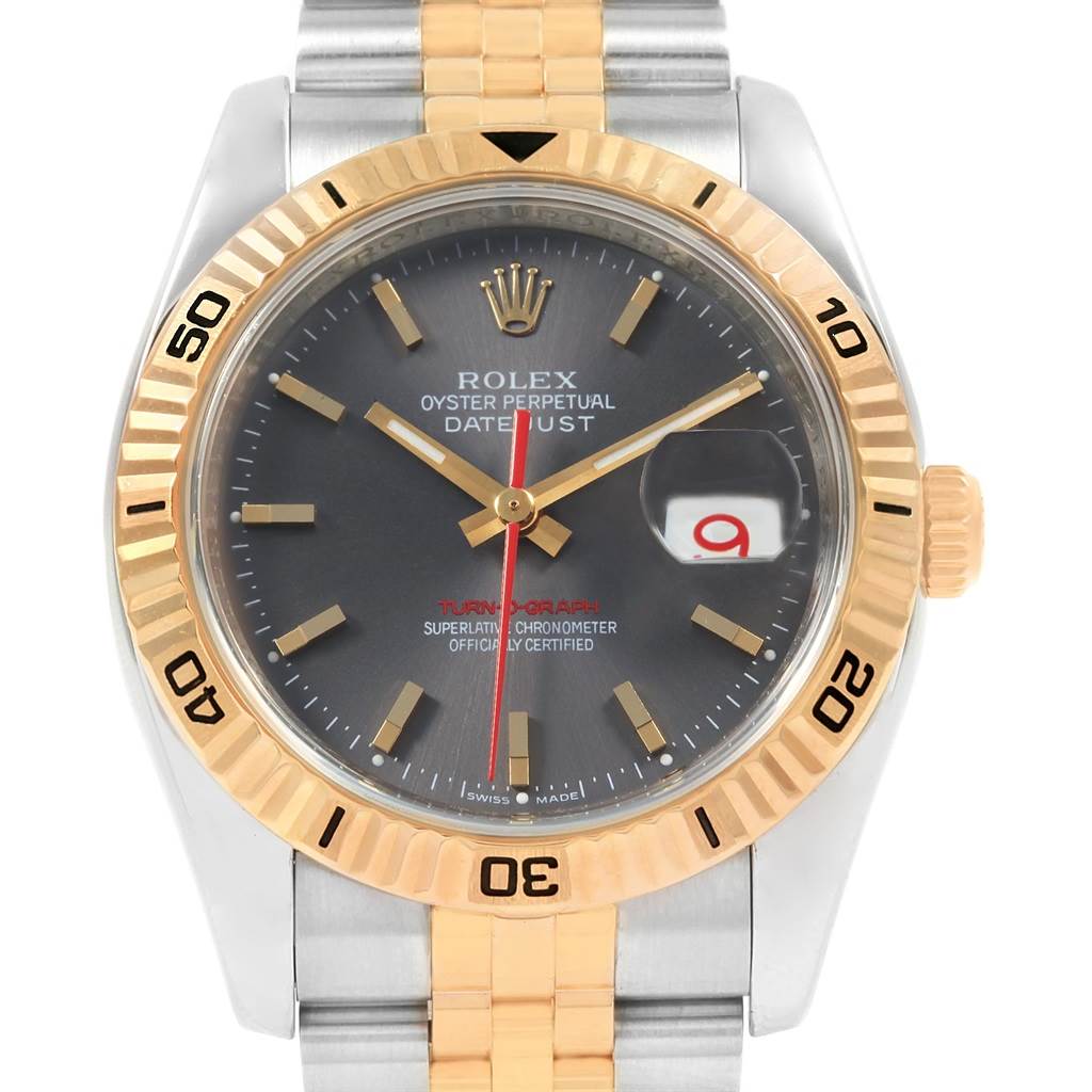 The image shows a front view of the Rolex Turn-o-Graph 116263 Men's Steel and Gold (two tone) Grey Dial 116263 Men's Steel and Gold (two tone) Grey Dial watch, highlighting the bezel, dial, hands, date window, and bracelet.