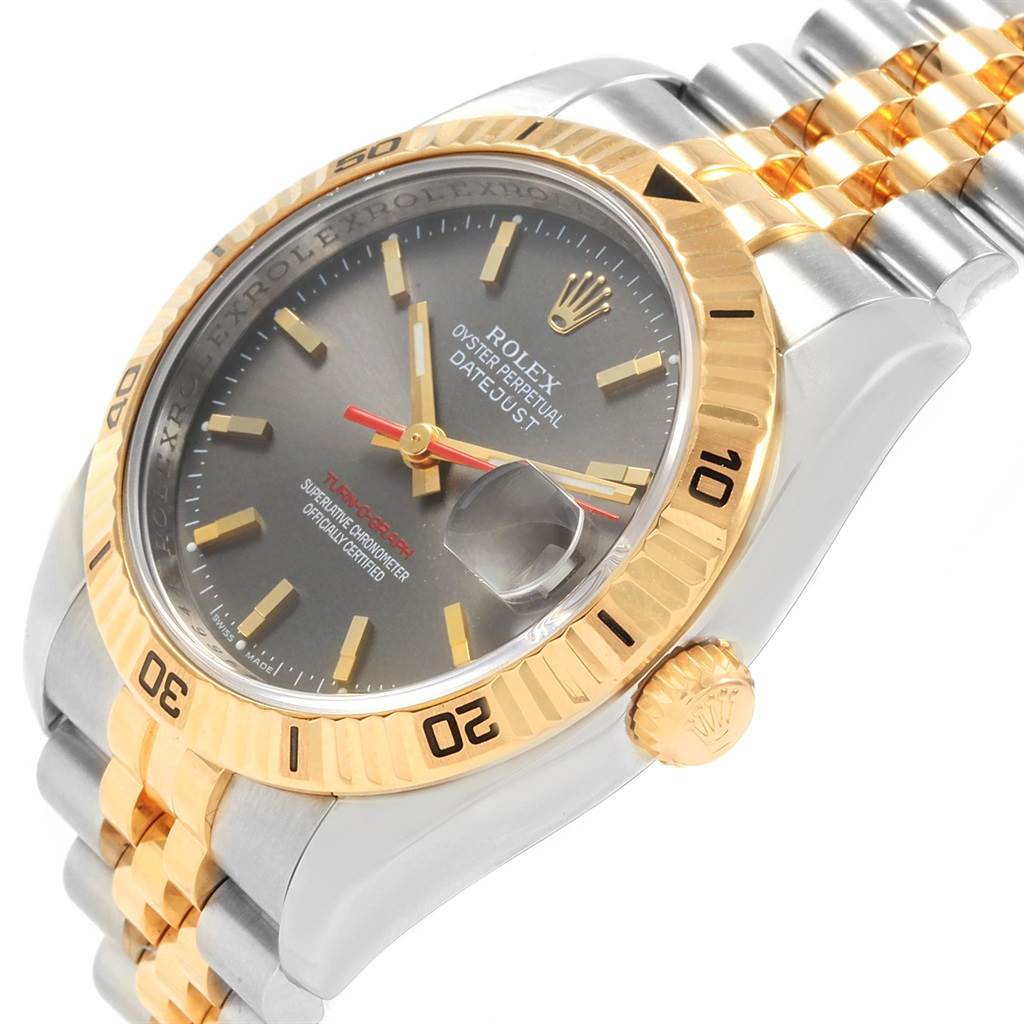The Turn-o-Graph model by Rolex is shown at a three-quarter angle, highlighting its face, bezel, crown, and bracelet.