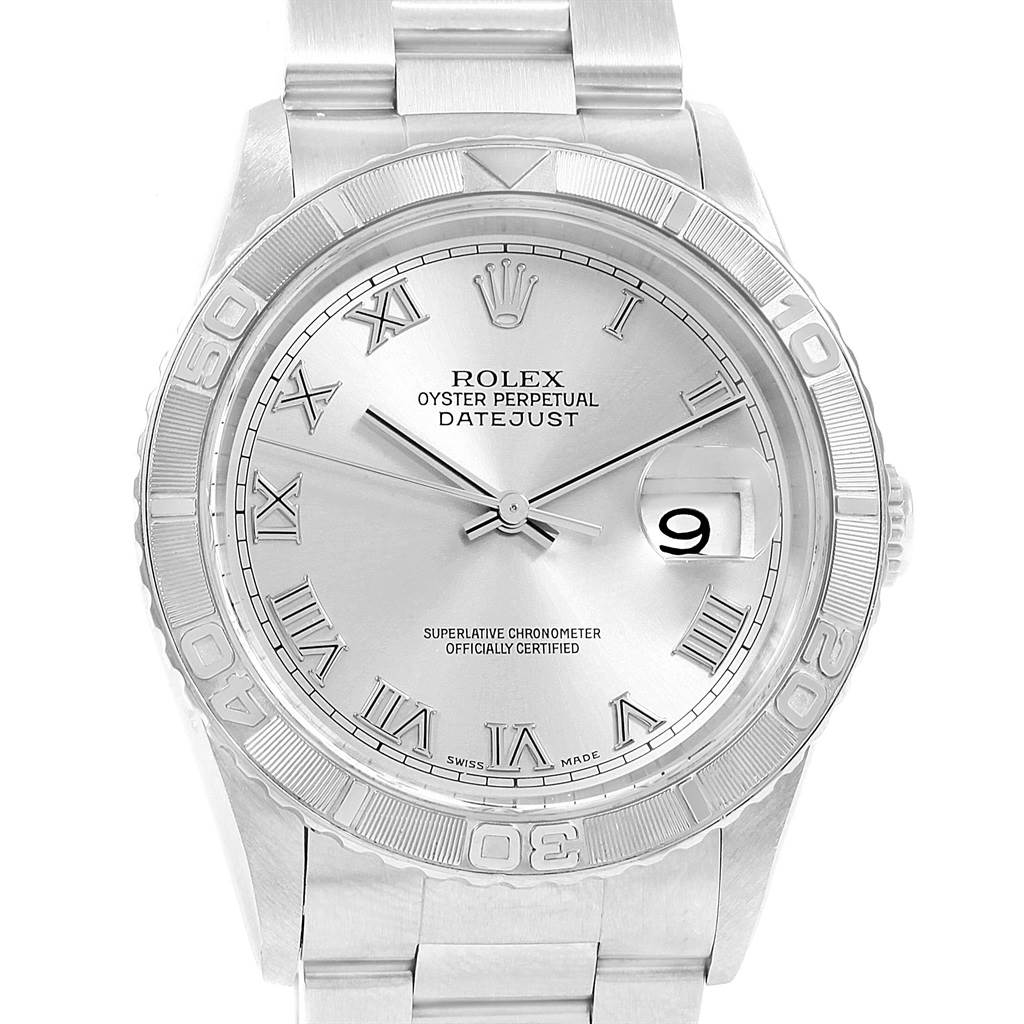 This image shows a front view of a Rolex Turn-o-Graph 16264 Men's Stainless Steel Silver Dial 16264 Men's Stainless Steel Silver Dial watch, highlighting the bezel, dial, Roman numerals, and date window.