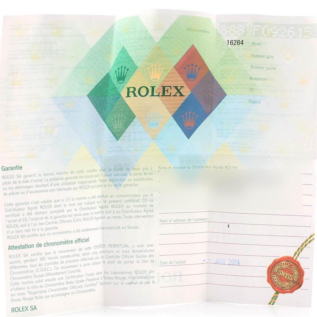 The image shows the warranty and chronometer certification paperwork for the Rolex Turn-o-Graph 16264 Men's Stainless Steel Silver Dial 16264 Men's Stainless Steel Silver Dial model.